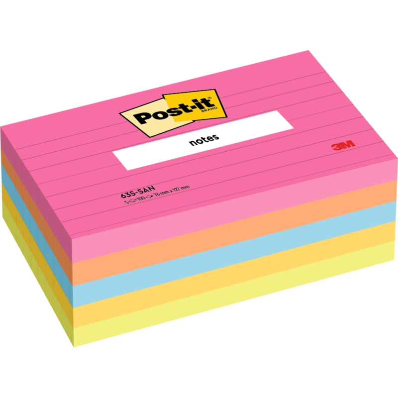 Post-It Pack de 5 Blocs de 100 Notes Repositionnables - Lignées - 76x127mm - 100% PEFC - Couleurs Assorties