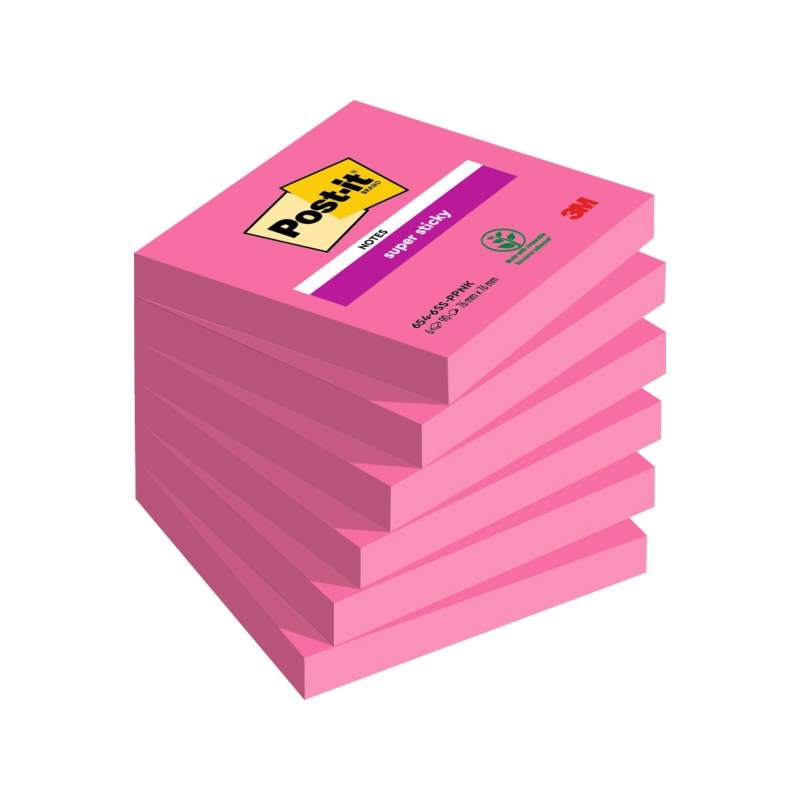 Post-It Super Sticky Pack de 6 blocs de 90 notes autocollantes repositionnables - Forme carrée - 76 x 76 mm - Rose