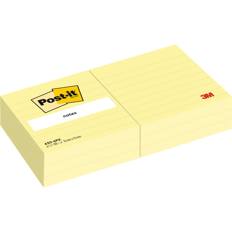 Lot de 6 blocs de 100 notes Post-It - Ligné - 76 x 76 mm - 100 % PEFC - Jaune clair