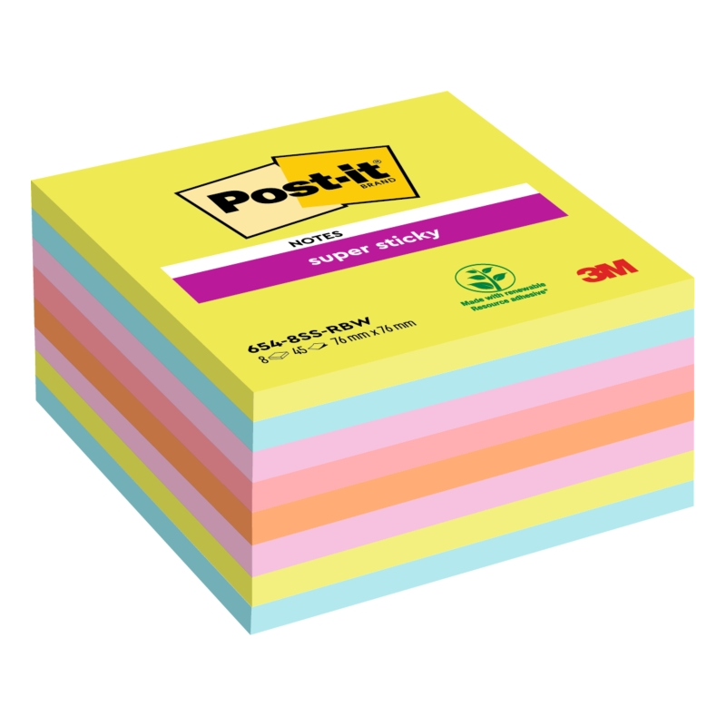 Post-It Super Sticky Pack de 8 blocs de 45 notes autocollantes repositionnables - 76 x 76 mm - 100 % PEFC - Couleurs assorties
