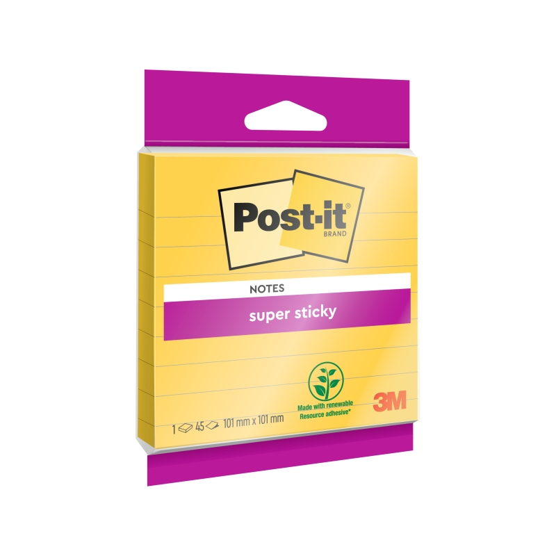 Bloc de 45 notes adhésives repositionnables Post-It Super Sticky - Forme carrée - 101 x 101 mm - Jaune
