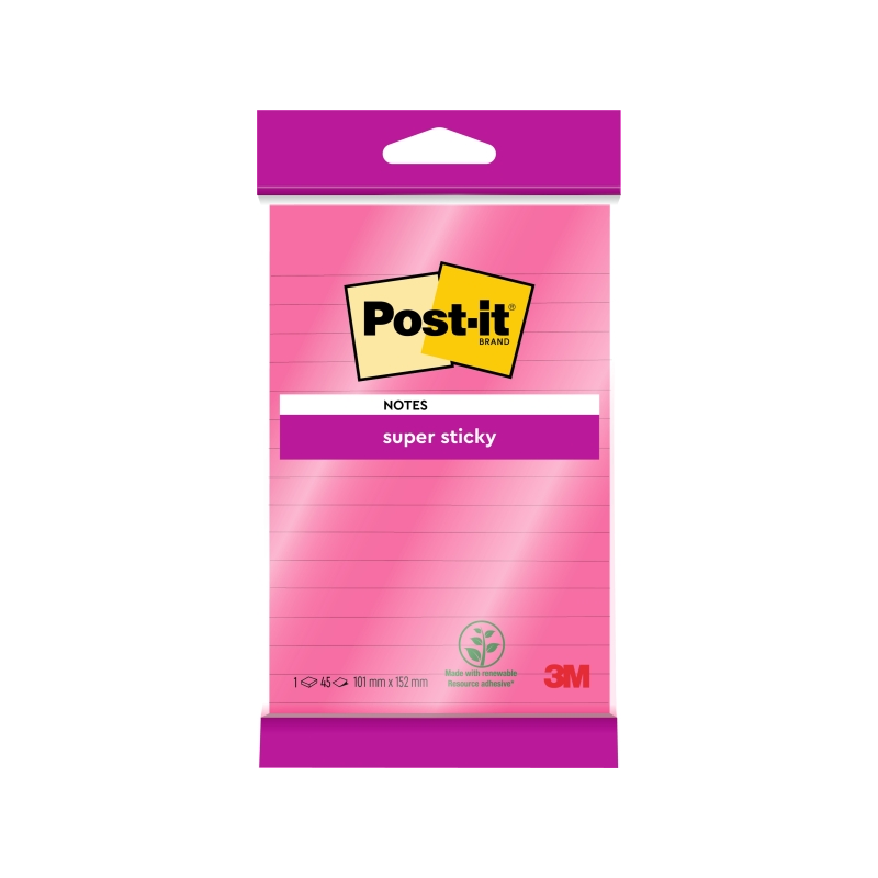 Bloc de 45 notes adhésives repositionnables Post-It Super Sticky - Forme rectangulaire - 101 x 152 mm - Rose