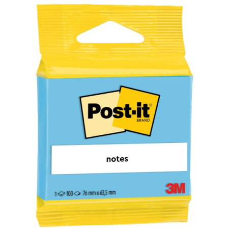 Bloc-notes Post-It de 100 notes autocollantes repositionnables - Forme rectangulaire - 63,5 x 76 mm - Bleu