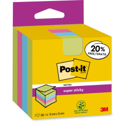 Cube de 300 notes autocollantes repositionnables Post-It Super Sticky - 76 x 76 mm - 100 % PEFC - Couleurs assorties