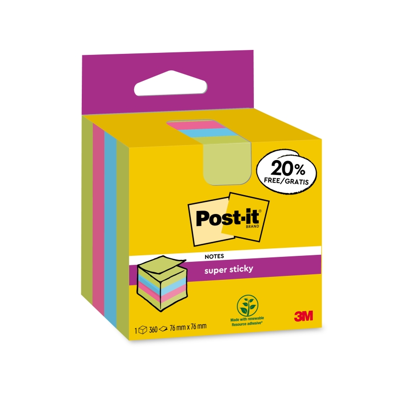 Cube de 300 notes autocollantes repositionnables Post-It Super Sticky - 76 x 76 mm - 100 % PEFC - Couleurs assorties
