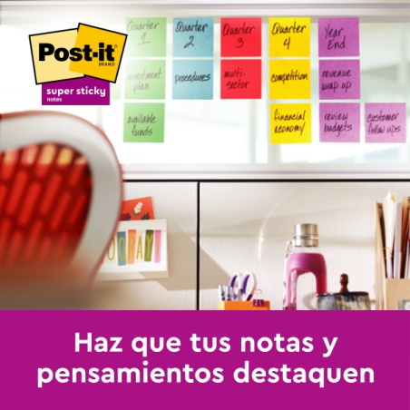 Cube de 300 notes autocollantes repositionnables Post-It Super Sticky - 76 x 76 mm - 100 % PEFC - Couleurs assorties