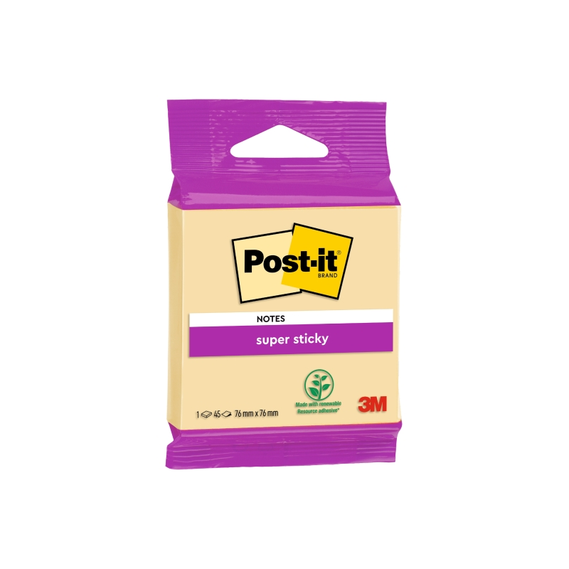 Bloc de 45 notes adhésives repositionnables Post-It Super Sticky - Forme carrée - 76 x 76 mm - Jaune clair