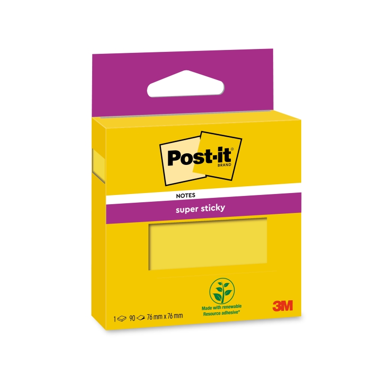 Bloc de 90 notes adhésives repositionnables Post-It Super Sticky - 76 x 76 mm - 100 % PEFC - Jaune