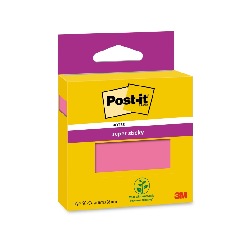 Bloc de 90 notes adhésives repositionnables Post-It Super Sticky - 76 x 76 mm - 100 % PEFC - Rose