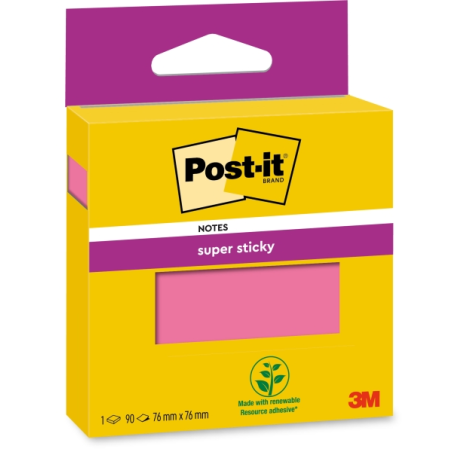 Bloc de 90 notes adhésives repositionnables Post-It Super Sticky - 76 x 76 mm - 100 % PEFC - Rose