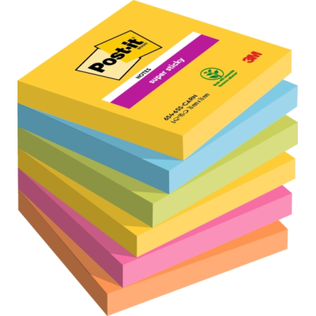 Post-It Super Sticky Pack de 6 blocs de 90 notes autocollantes repositionnables - Forme carrée - 76 x 76 mm - Couleurs assorties