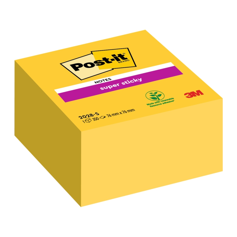 Cube de 350 notes autocollantes repositionnables Post-It Super Sticky - 76 x 76 mm - 100 % PEFC - Jaune