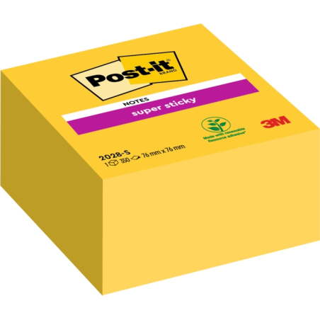 Cube de 350 notes autocollantes repositionnables Post-It Super Sticky - 76 x 76 mm - 100 % PEFC - Jaune
