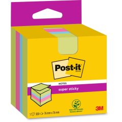 Cube de 300 notes autocollantes repositionnables Post-It Super Sticky - 76 x 76 mm - 100 % PEFC - Couleurs assorties