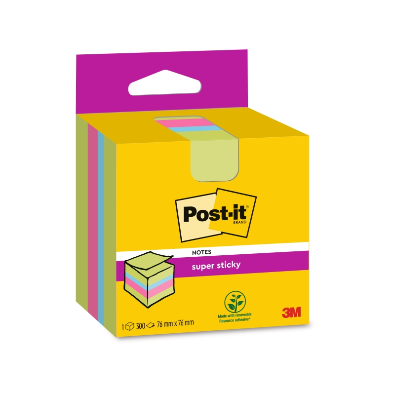 Cube de 300 notes autocollantes repositionnables Post-It Super Sticky - 76 x 76 mm - 100 % PEFC - Couleurs assorties