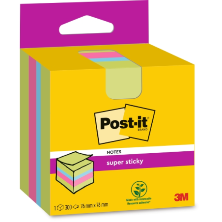 Cube de 300 notes autocollantes repositionnables Post-It Super Sticky - 76 x 76 mm - 100 % PEFC - Couleurs assorties