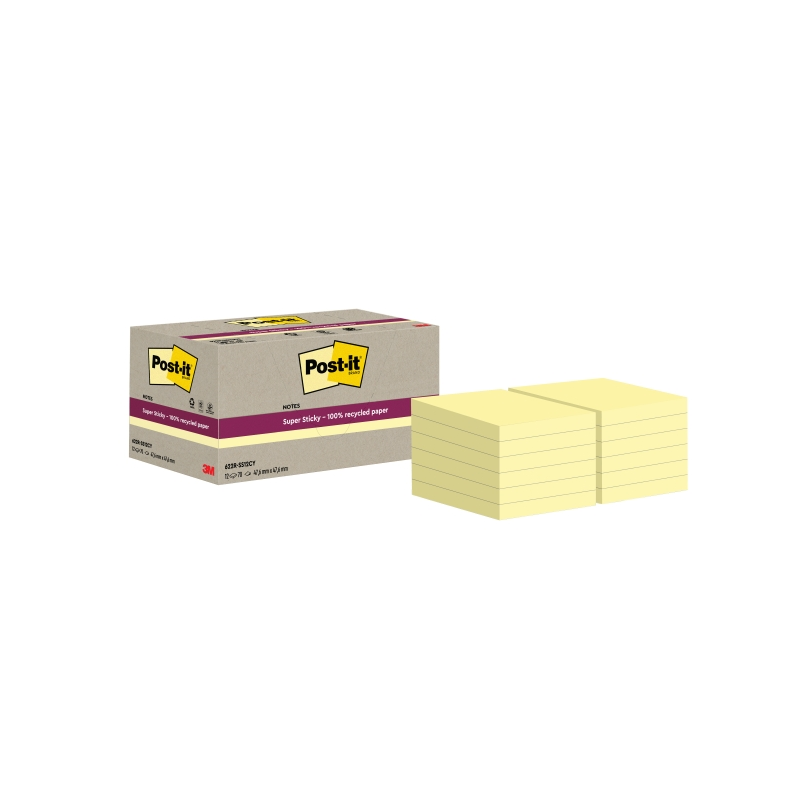 Post-It Super Sticky Pack de 12 blocs de 70 notes autocollantes recyclées - Forme carrée - 47,6 x 47,6 mm - Jaune clair