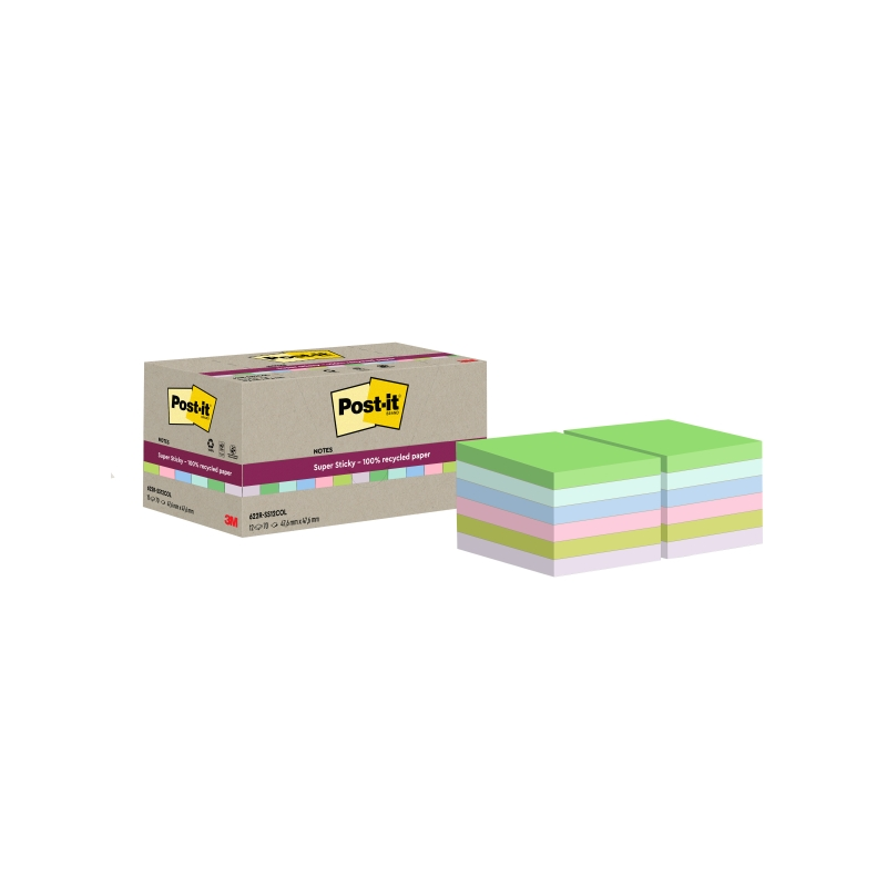 Post-It Super Sticky Pack de 12 blocs de 70 notes autocollantes recyclées - Forme carrée - 47,6 x 47,6 mm - Couleurs assorties