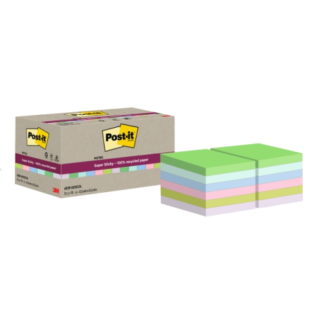 Post-It Super Sticky Pack de 12 blocs de 70 notes autocollantes recyclées - Forme carrée - 47,6 x 47,6 mm - Couleurs assorties