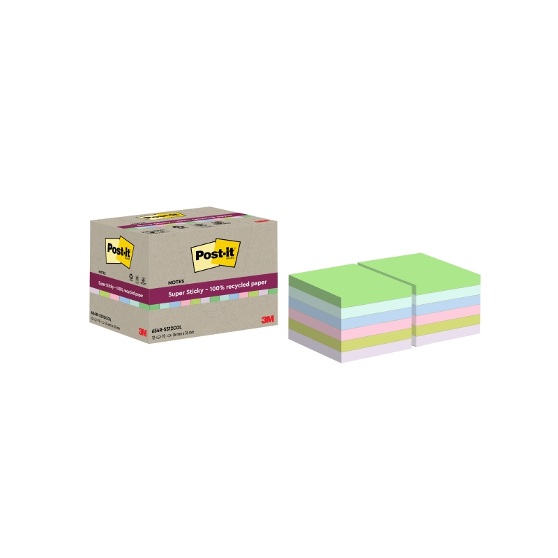 Post-It Super Sticky Pack de 12 blocs de 70 notes autocollantes recyclées - Forme carrée - 76 x 76 mm - Couleurs assorties