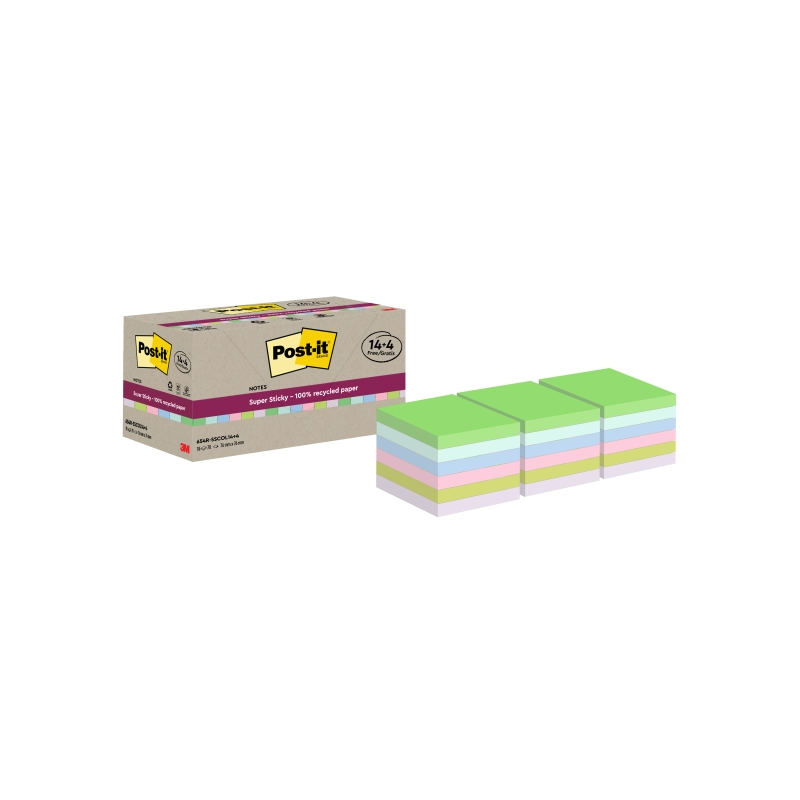 Post-It Super Sticky Pack de 18 blocs de 70 notes autocollantes recyclées - Forme carrée - 76 x 76 mm - Couleurs assorties