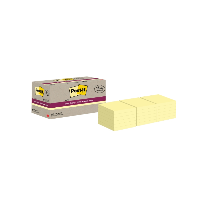 Post-It Super Sticky Pack de 18 blocs de 70 notes autocollantes recyclées - Forme carrée - 76 x 76 mm - Jaune clair