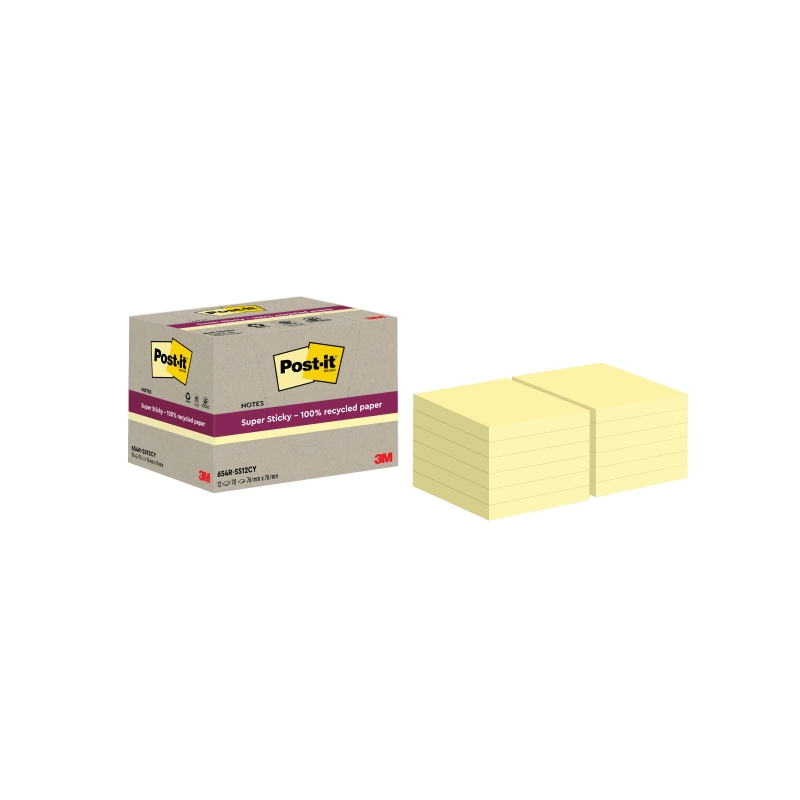 Post-It Super Sticky Pack de 12 blocs de 70 notes autocollantes recyclées - Forme carrée - 76 x 76 mm - Jaune clair