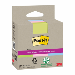 Post-It Super Sticky Pack de 3 blocs de 70 notes autocollantes recyclées - Forme carrée - 76 x 76 mm - Couleurs assorties