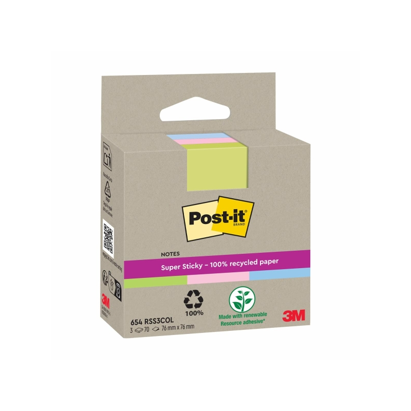 Post-It Super Sticky Pack de 3 blocs de 70 notes autocollantes recyclées - Forme carrée - 76 x 76 mm - Couleurs assorties