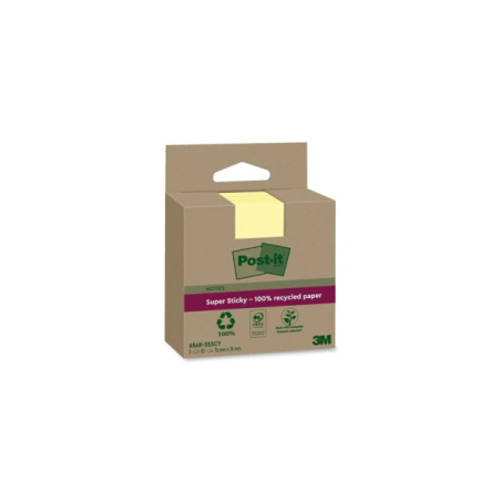 Post-It Super Sticky Pack de 3 blocs de 70 notes autocollantes recyclées - Forme carrée - 76 x 76 mm - Jaune clair