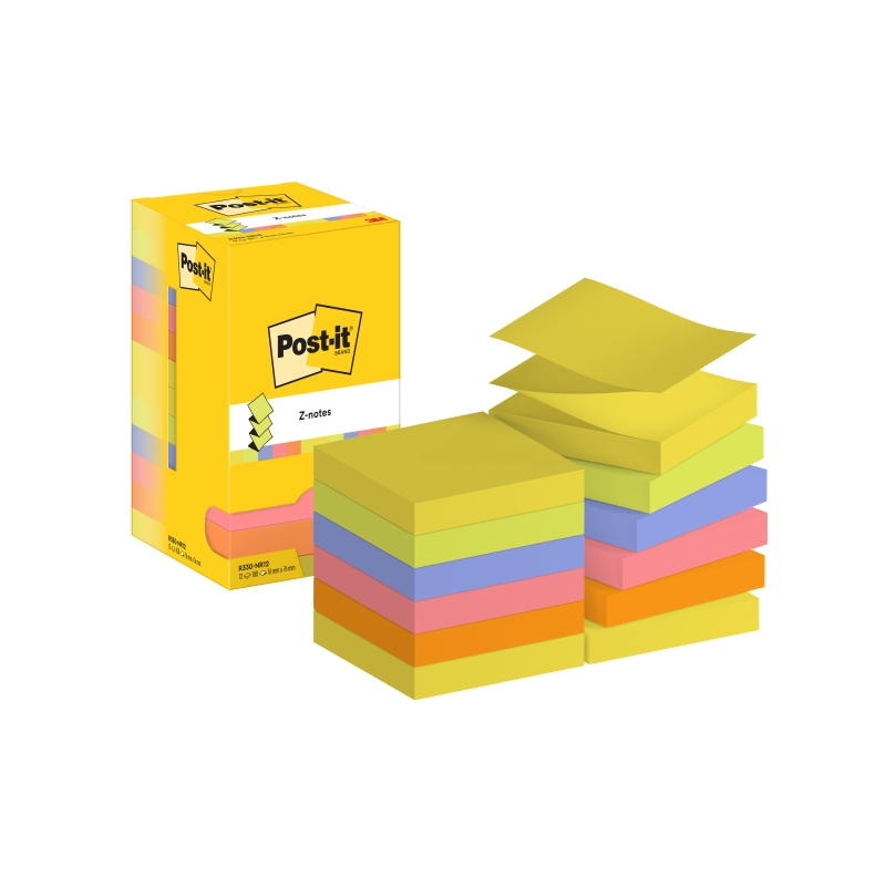 Pack de 12 blocs de 100 notes autocollantes repositionnables en Z - Forme carrée - 76 x 76 mm - Couleurs assorties