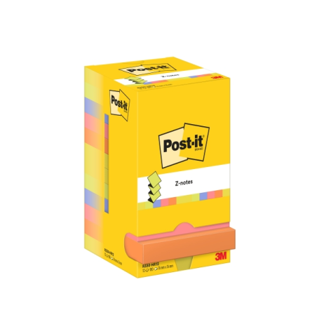 Pack de 12 blocs de 100 notes autocollantes repositionnables en Z - Forme carrée - 76 x 76 mm - Couleurs assorties