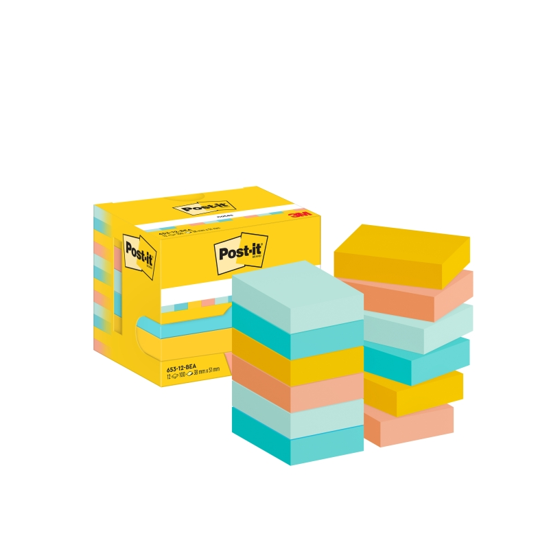 Pack de 12 blocs de 100 notes autocollantes repositionnables Post-It - Forme rectangulaire - 38 x 51 mm - Couleurs assorties