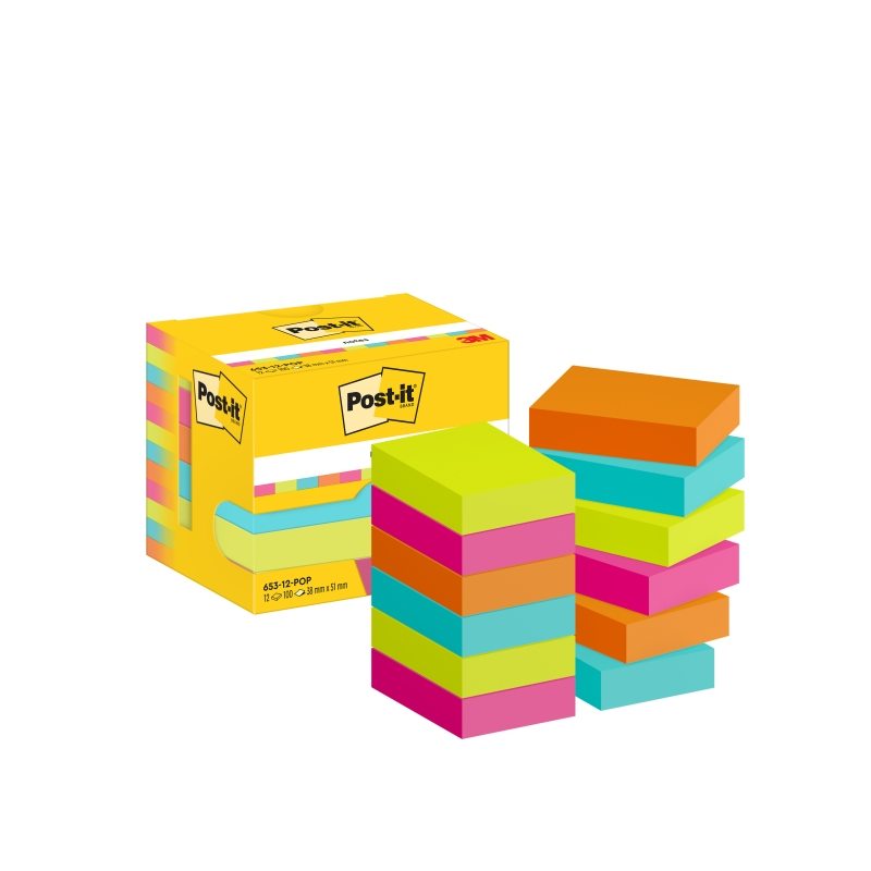 Pack de 12 blocs de 100 notes autocollantes repositionnables Post-It - Forme rectangulaire - 38 x 51 mm - Couleurs assorties