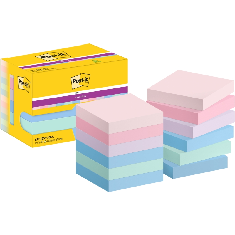 Post-It Super Sticky Pack de 12 blocs de 90 notes autocollantes repositionnables - Forme carrée - 47,6 x 47,6 mm - Couleurs asso