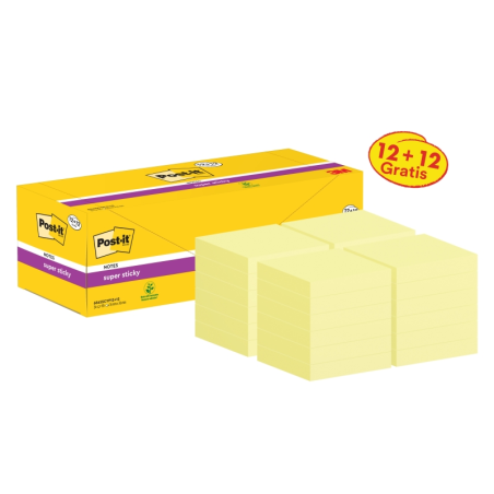 Post-It Super Sticky Pack de 24 blocs de 90 notes autocollantes repositionnables - 76 x 76 mm - Promotion 12 blocs + 12 offerts
