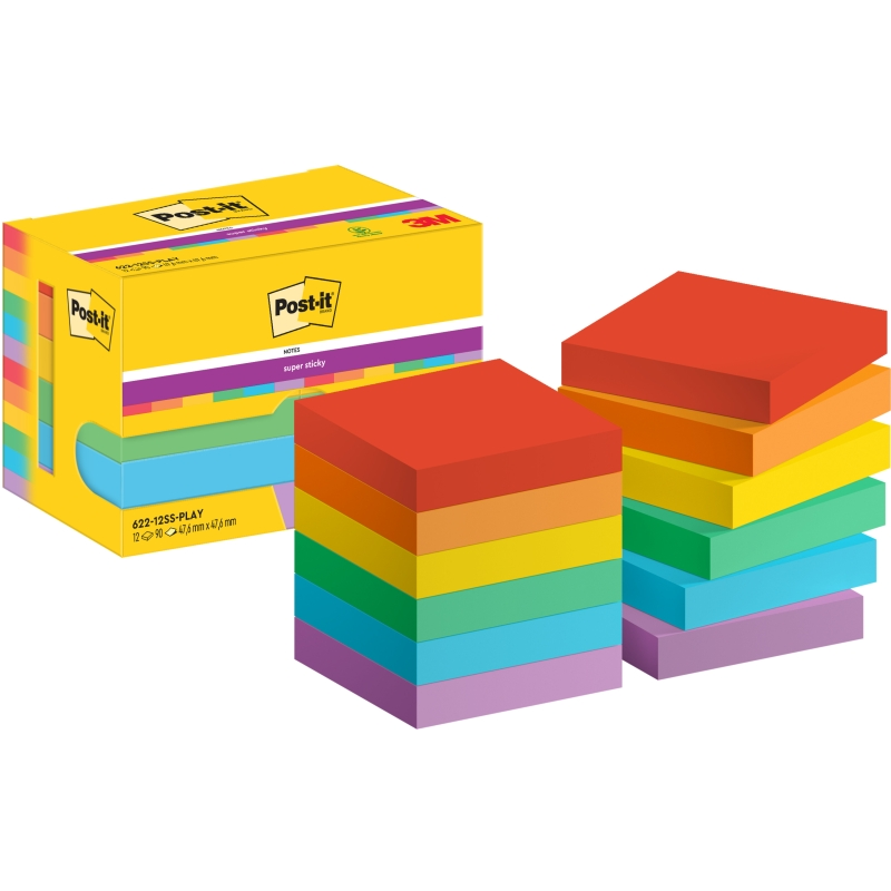 Post-It Super Sticky Pack de 12 blocs de 90 notes autocollantes repositionnables - Forme carrée - 47,6 x 47,6 mm - Couleurs asso