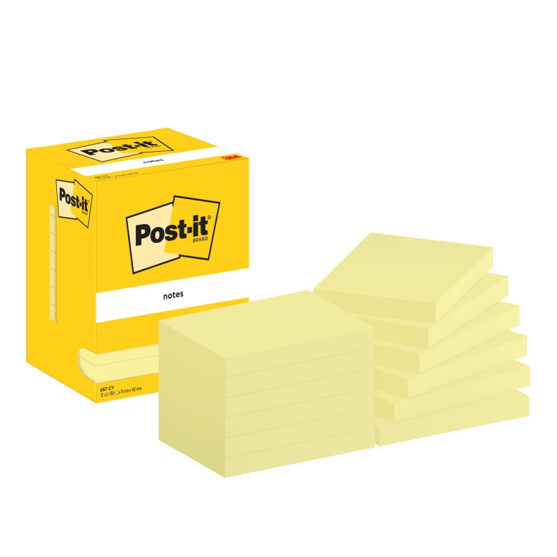 Post-It Pack de 12 blocs de 100 notes autocollantes repositionnables - Forme rectangulaire - 76 x 102 mm - Jaune clair