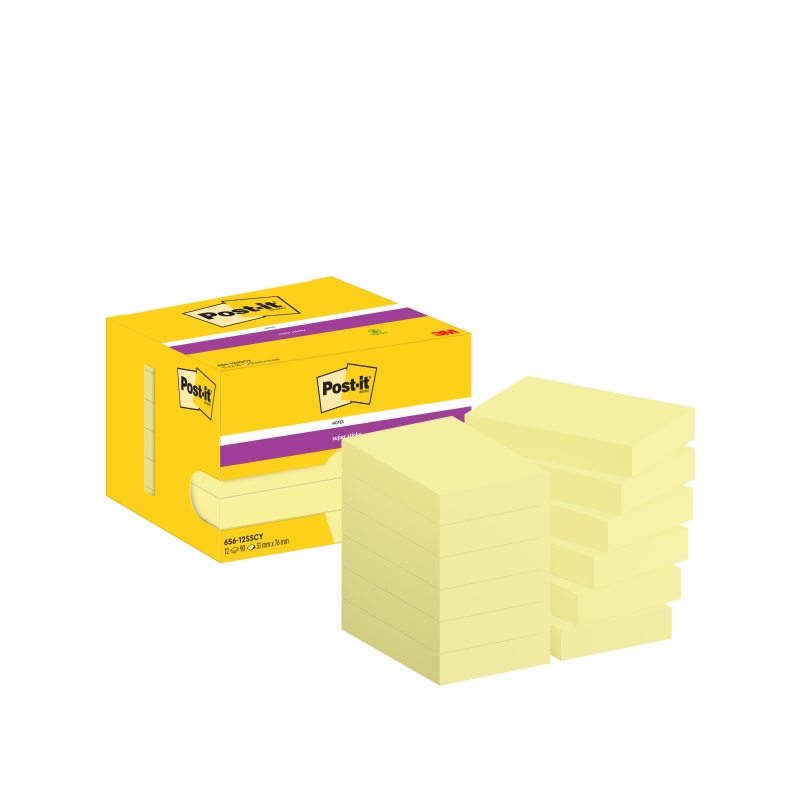 Post-It Super Sticky Pack de 12 blocs de 90 notes autocollantes repositionnables - 51 x 76 mm - Emballage carton - 100 % PEFC -