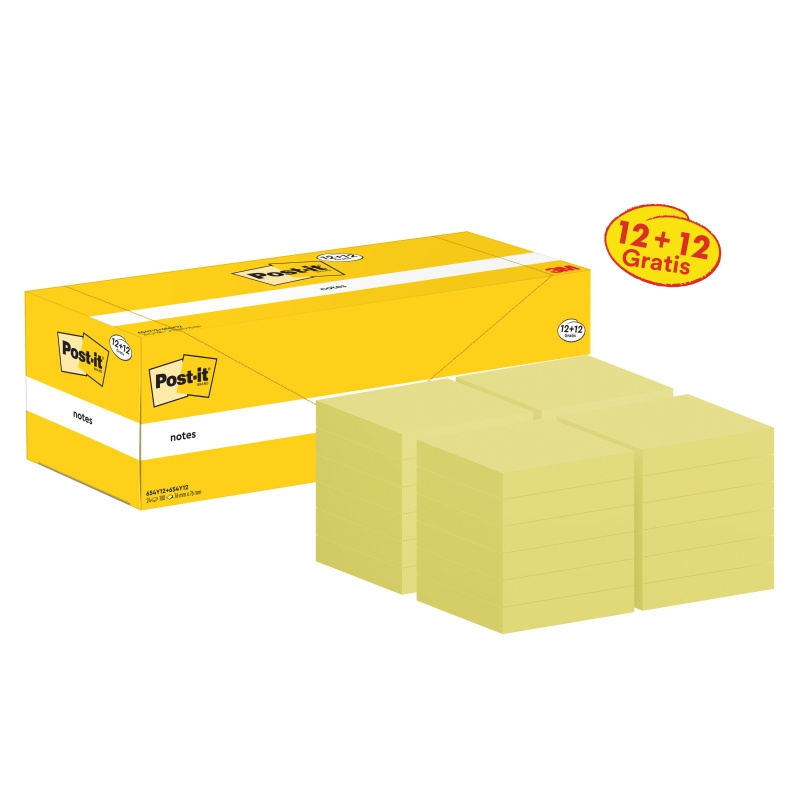 Pack de 24 blocs de 100 notes autocollantes repositionnables Post-It - Forme carrée - 76 x 76 mm - Jaune clair