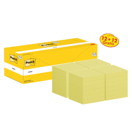 Pack de 24 blocs de 100 notes autocollantes repositionnables Post-It - Forme carrée - 76 x 76 mm - Jaune clair