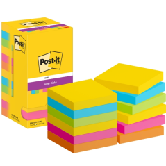 Post-It Super Sticky Pack de 12 blocs de 90 notes autocollantes repositionnables - Forme carrée - 76 x 76 mm - Couleurs assortie