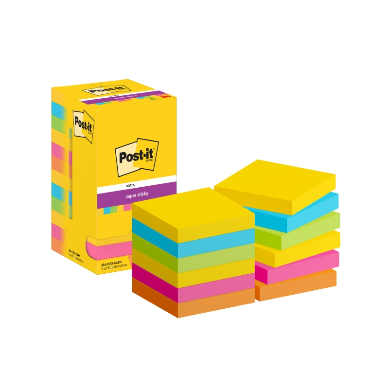 Post-It Super Sticky Pack de 12 blocs de 90 notes autocollantes repositionnables - Forme carrée - 76 x 76 mm - Couleurs assortie