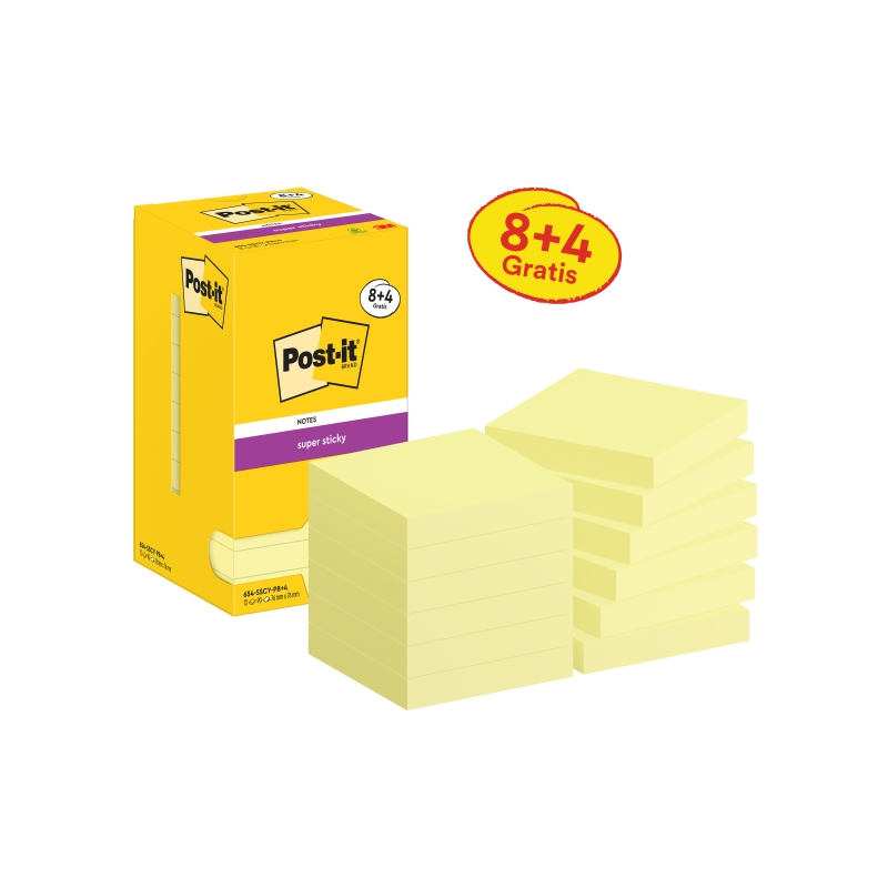 Post-It Super Sticky Pack de 12 blocs de 90 notes autocollantes repositionnables - 76 x 76 mm - Promotion 8 blocs + 4 offerts -