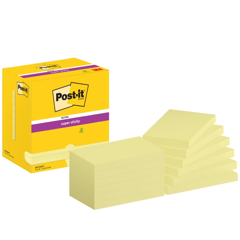 Post-It Super Sticky Pack de 12 blocs de 90 notes autocollantes repositionnables - Forme rectangulaire - 76 x 127 mm - Jaune cla