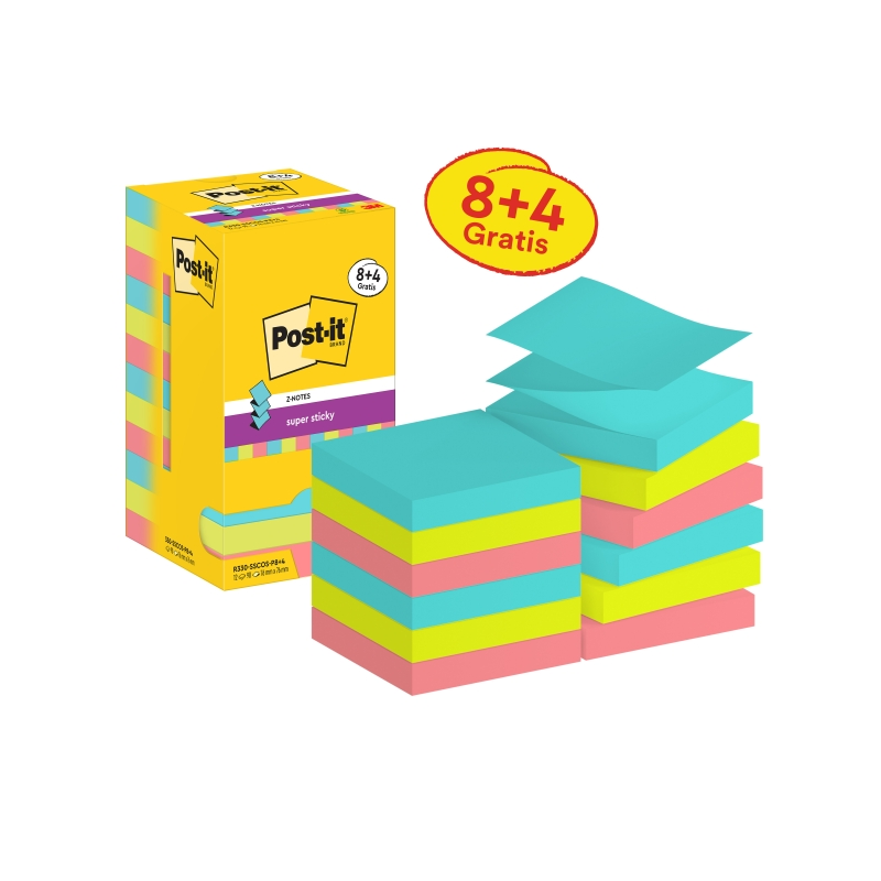 Post-It Super Sticky Pack de 12 blocs de 90 notes autocollantes repositionnables - Forme carrée - 76 x 76 mm - Zig-Zag - Couleur