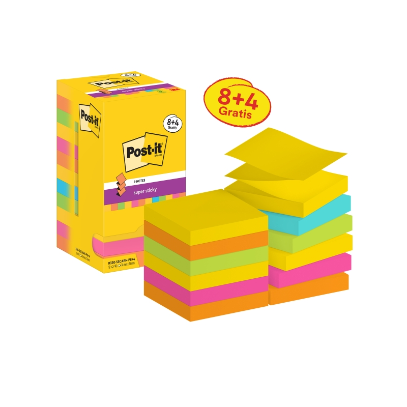 Post-It Super Sticky Pack de 12 blocs de 90 notes autocollantes repositionnables - Forme carrée - 76 x 76 mm - Zig-Zag - Couleur