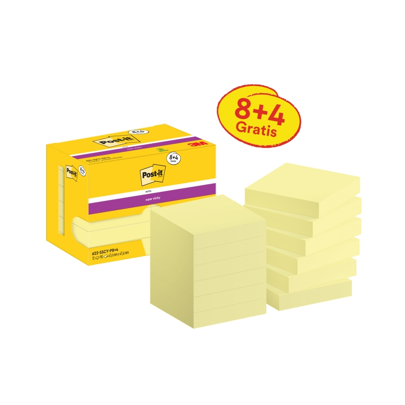 Post-It Super Sticky Pack de 12 blocs de 90 notes autocollantes repositionnables - 47,6 x 47,6 mm - Promotion 8 blocs + 4 offert