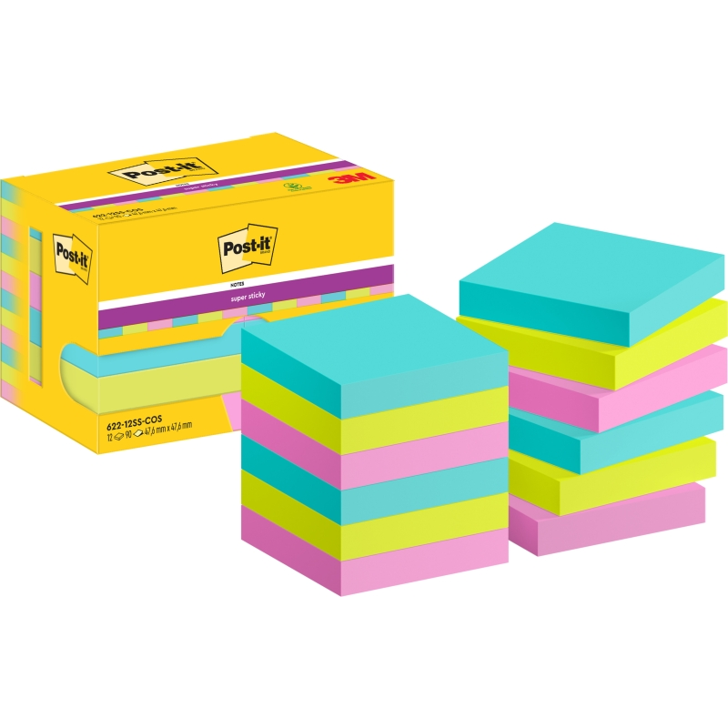 Post-It Super Sticky Pack de 12 blocs de 90 notes autocollantes repositionnables - Forme carrée - 47,6 x 47,6 mm - Couleurs asso