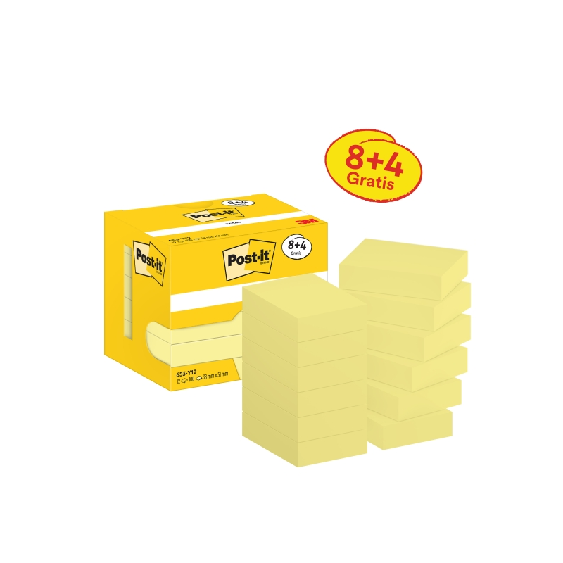 Post-It Pack de 12 blocs de 100 notes autocollantes repositionnables - Forme rectangulaire - 38 x 51 mm - Jaune clair